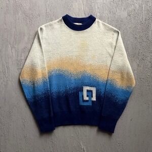 Vintage Career Club Sweater XL Blue 1970s Orlon Acrylic Ombre Geometric